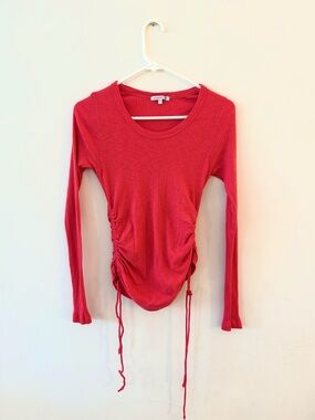 Sundry Red Pink Ruched Long-Sleeve Ribbed Top Cotton Modal Blend, 1 (small)
